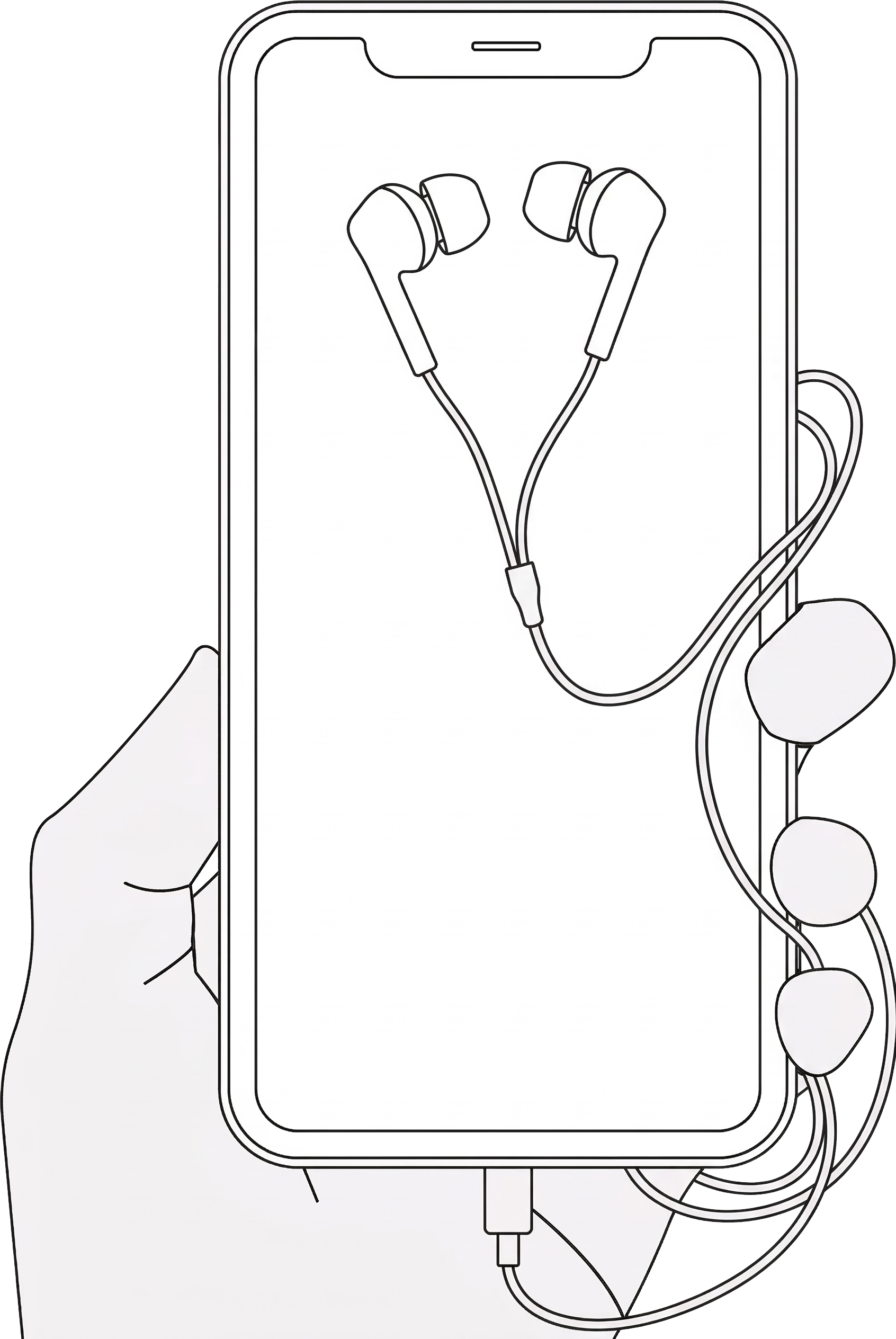 Grafika, zbliżenie dłoni trzymającej telefon z podłączonymi słuchawkami